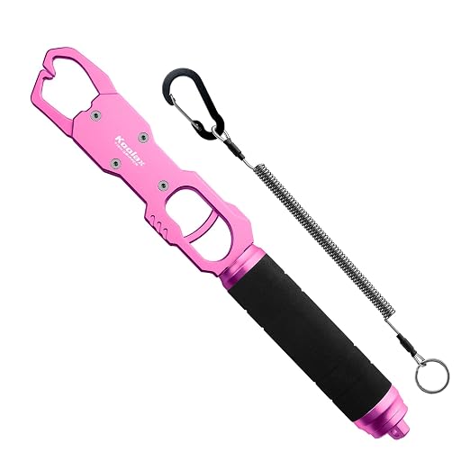 11.6" Fish Lip Gripper, Aluminum Alloy Fish Grabber with 40lb Scale, 360° Swivel Handle, Corrosion-Resistant for Saltwater & Freshwater (Pink)