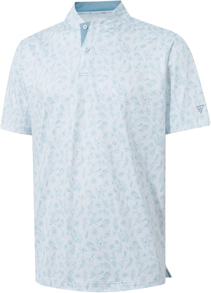 M MAELREG Golf Shirts for Men Collarless Performance Dry Fit Stretch Henley Casual Printed Mens Polo Shirts Short Sleeve