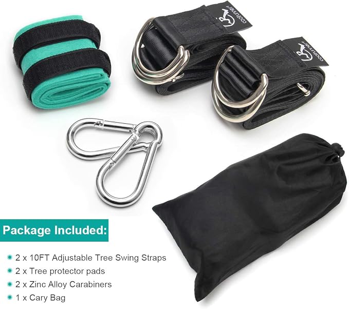 Coolrunner 10FT Tree Swing Straps Hanging Kit(2 Pack) - 5000Lbs Break Strength - Extra Long Swing Hammock Straps with Two Zinc Alloy Carabiners - for All Types of Swings