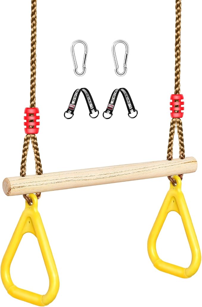 LadyRosian Wooden Trapeze Swing Bar, Adjustable Height Swing Set, Gym Rings, Playground Attachments, 16.5" Monkey Bar for Backyard, Playground, Playroom