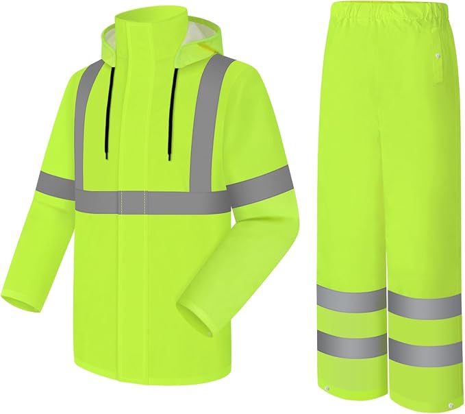 High Visibility Rain Jacket and Pants, High Vis Rain Suit for Men, Waterproof Rain Coat with Hood, Class 3 Lightweight Hi Vis Rain Gear for Outdoor& Safety Work, Men Women, Yellow B, 2XL-3XL