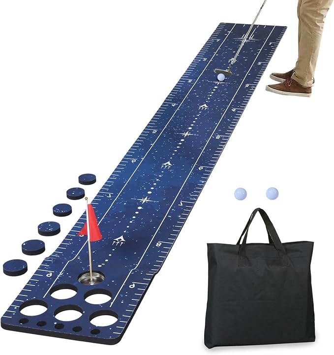 Chriiena Golf Putting Game Mat, Indoor Putting Green Set for Party Game | With 2 Balls, 1 Flag & Cup, Portable Pong Game Mat, Golf Games for Adults, For Backyard, Office, Party Use