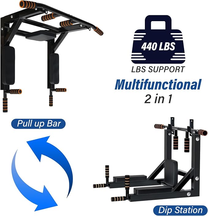BDL Wall Mounted Pull Up Bar Chin Up bar Multifunctional Dip Station for Indoor Home Gym Workout, Power Tower Set Training Equipment Fitness Dip Stand Supports to 440 Lbs