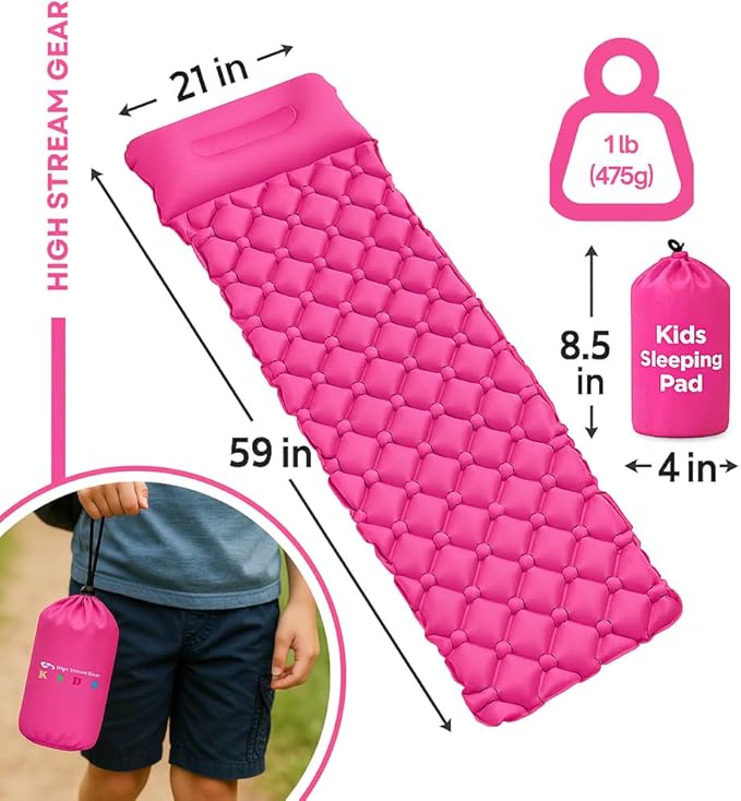 Kids Sleeping Pad for Camping and Sleepovers with Pillow, Inflatable Camping Mattress for Backpacking & Travel, Thick Toddler Cot Mat, Fast Inflating Camping Sleeping Pads for Kids