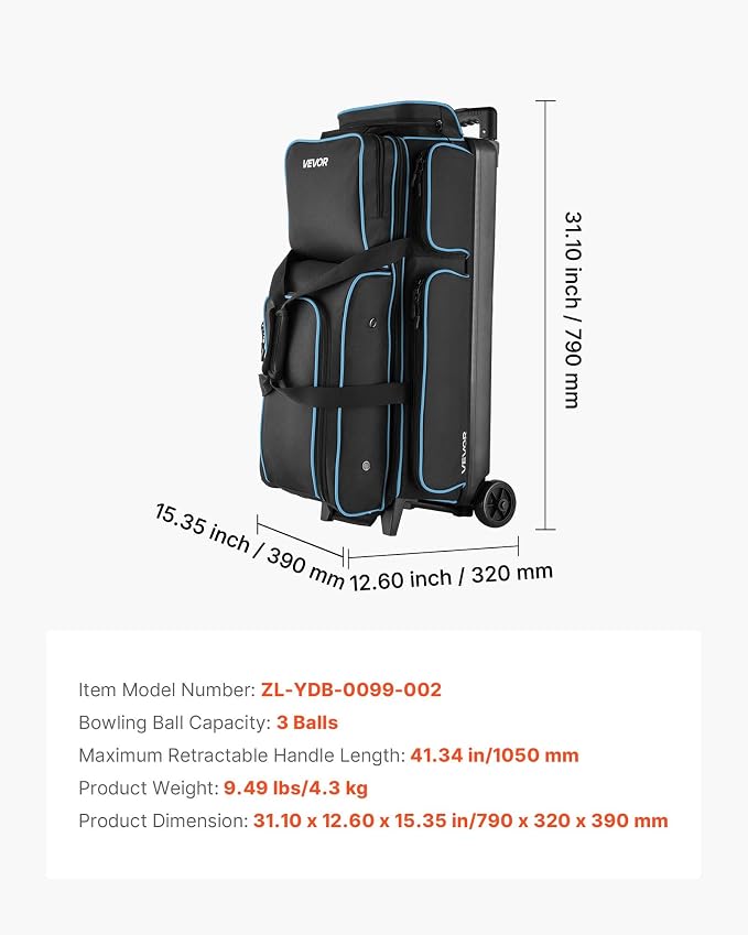 VEVOR Bowling Ball Bag, 3 Ball Double Roller Bowling Bag with Wheels, Featuring a Separate Compartment for Shoes (Up To US Size 16) & Oversized Accessory Pocket, Retractable Handle Extends to 41.34 in