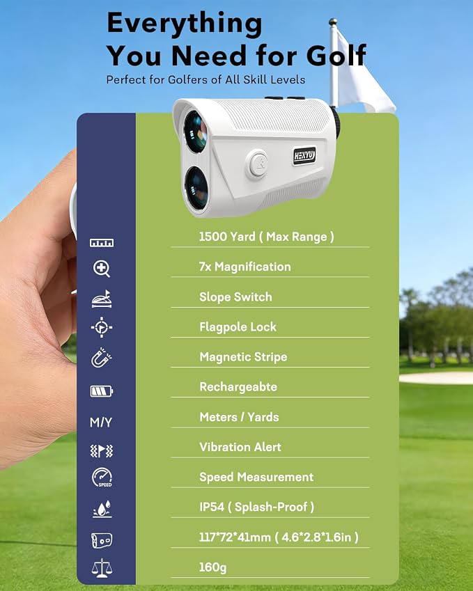 Golf Rangefinder with Slope - 1500 Yard Laser Range Finder for Golfing & Hunting, High-Precision Flag Locking Vibration, 7X Magnification, USB-C Rechargeable, Built-in Magnetic Strip