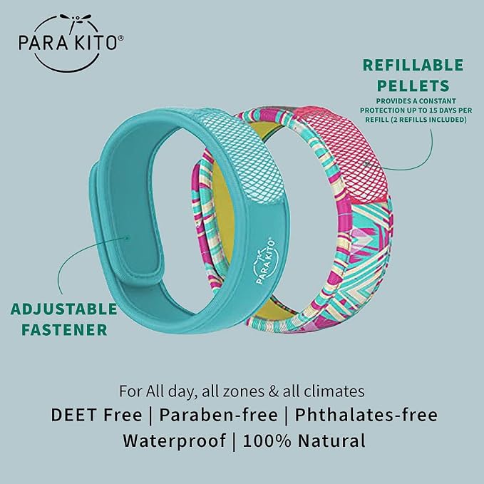 PARA'KITO Mosquito Repellent Bonus Pack - 2 Wristbands | 2 Refills (Turquoise + Key West)