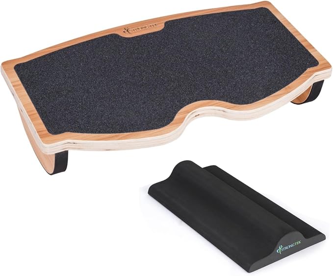 StrongTek EVA Foot Stretch Pad and Rocking Foot Rest Set, High-Density EVA Calf Stretching Block Plus 18 in Rocking Wood Foot Rest for Foot Stretching, Desk Comfort, and Home use
