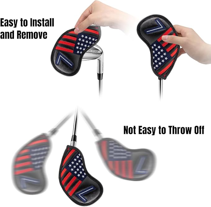 Magnetic Golf Iron Covers Premium Leather Iron and Wedge Golf Club Head Covers - Set of 10 Fits Most Clubs USA American Flag Head Cover Set Headcovers for Irons