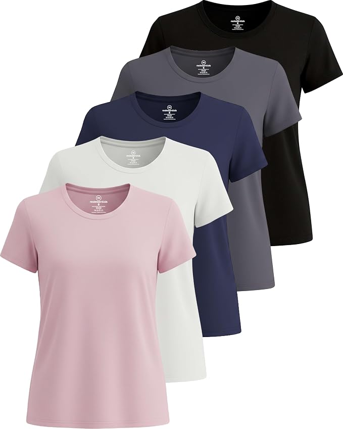 Real Essentials 5 Pack: Women's Short Sleeve T-Shirts Workout Tops Fitness Pilates Gym Activewear Athletic (Plus Available)