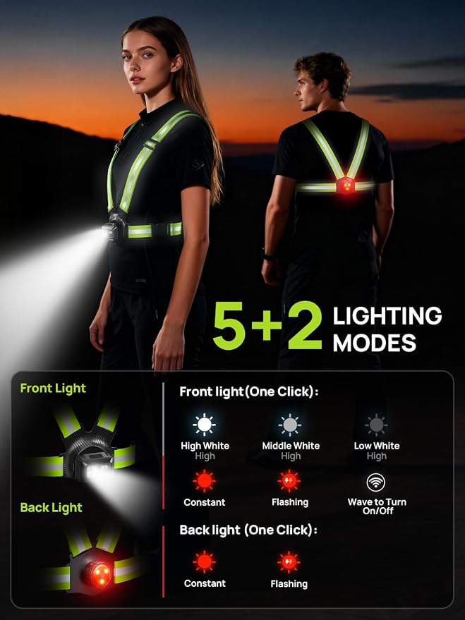 Acso Running Lights for Runners, 500 Lumens Running Light with 360°Reflective Vest, 45° Adjustable,IPX5 Waterproof Rechargeable Light Up Gear for Night Walking/Cycling/Jogging/Hiking