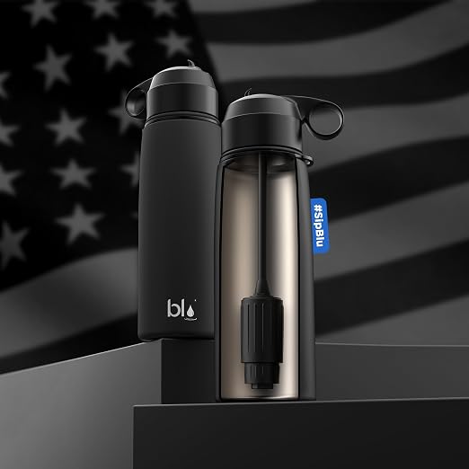 BLU All-in-ONE | Vacuum Insulated Stainless Steel Water Bottle Flask with a Filter (26oz) | Made in The USA | Removes 99.99% contaminants (Regular - Black)