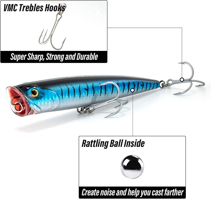 Dr.Fish Popper Saltwater Fishing Lures, 4/5.5 Inches GT Popper VMC Treble Hooks Surf Fishing Lures for Bass Striper Pike Salmon Offshore