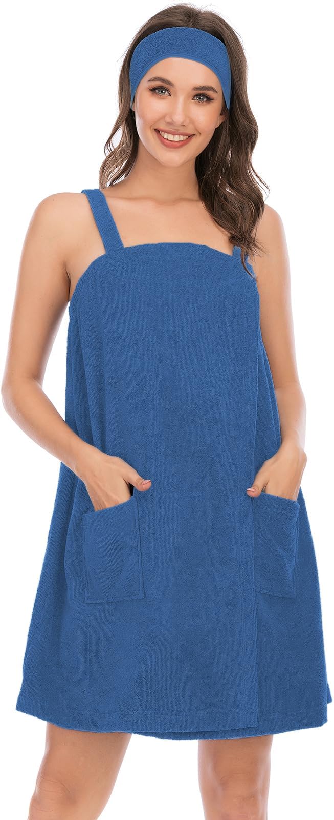 Veseacky Women Bath Wrap Towel for Womens Shower with Pocket Adjustable Spa Robe & Facial Headband