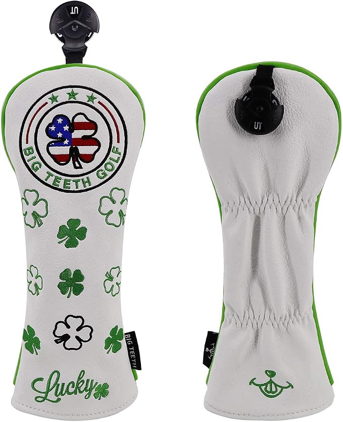 Big Teeth Golf Cover Lucky Clover Headcover Covers, Driver Fairway Wood Hybrid Headcovers Fits Blade Mallet Putter Iron and Woods with Magnetic White Shamrock Head Club Protector Leather