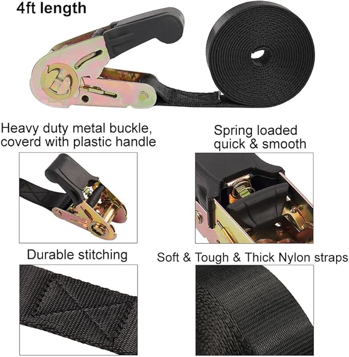 Endless Ratchet Tie Down Straps Heavy Duty Cargo Tie Downs,4FT Sturdy Nylon Black Strap Down Ratcheting Securing Straps, Track Spring Fittings, Tie-Down Motorcycles, Trailer Loads, Kayak （4ft x 2pcs）