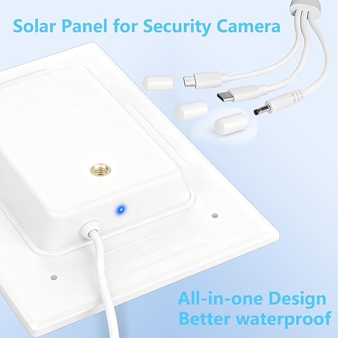 LIYVZ 5W Solar Panel for Security Camera, Solar Panel with Battery 8000mAh | Rechargeable Li-ion Battery, 3-in-1 Micro USB & USB C & DC, 25% High Efficiency, ETFE Film, IP65 Waterproof