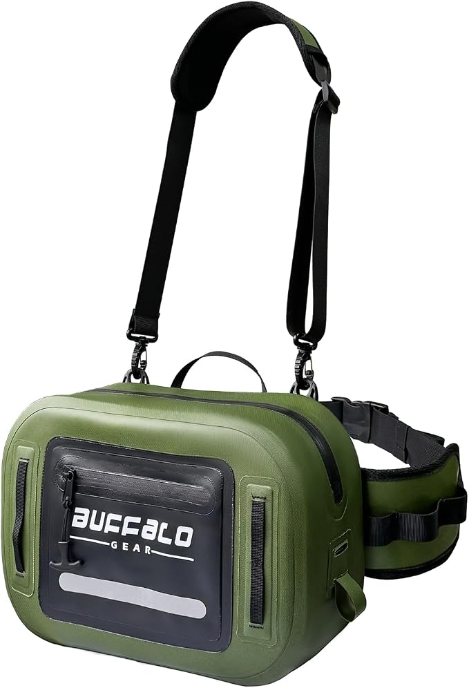 Buffalo Gear Waterproof Fishing Fanny Pack,8.9L Fishing Waist Pack with Airtight Zipper for Fly Fishing,Kayaking,Camping,Outdoor Sports Green