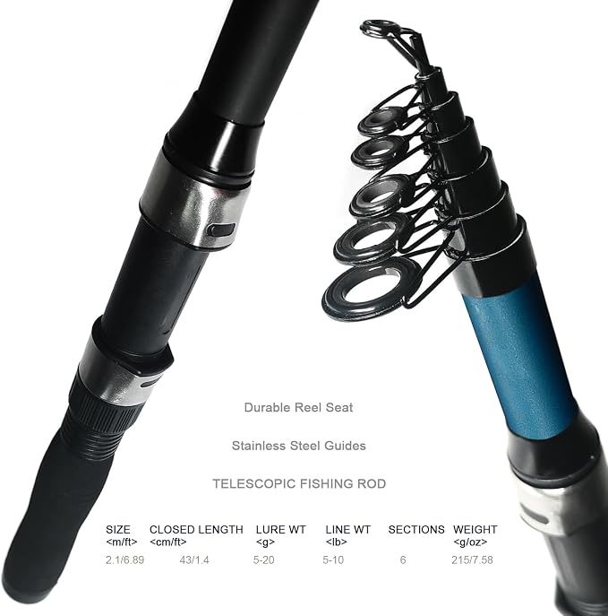 2 Pack 2.1m/6.89ft Telescopic Spinning Fishing Rod Reel Combos with Carrier Bag, Lures, Pliers for Saltwater Freshwater Fishing