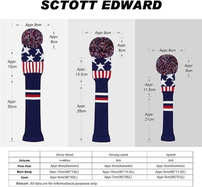 Scott Edward Knit Golf Club Cover for Woods and Driver Set of 5 Head Covers Protect Driver Wood(460cc)* 1 Fairway Wood*2 and Hybrid/UT*2 with Rotating Club Number Tags
