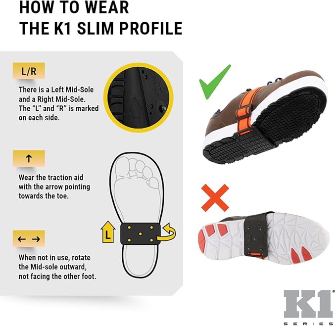K1 Mid-Sole Ice Cleats - Rotatable Traction Aids For Flat Shoes - Indoor/Outdoor, Climbing, Driving - Slim Profile - Orange