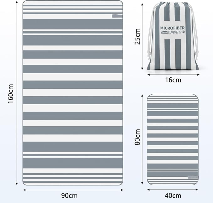 2-Pack Microfiber Beach Towels Set (63"x31.5" + 31.5"x16") | Oversized Quick Dry Sand Free Travel Towel for Beach Pool Gym Camping (Grey Towel A)
