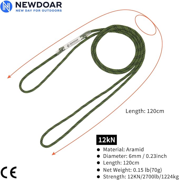 NewDoar 6mm (1/4") Prusik Cord Pre-Sewn 12KN/2700lb Aramid Auto Block Cord High Strength Prusik Arborist Rope for Outdoor Climbing Arborist Rescue Mountaineering-120cm/48''/1pc