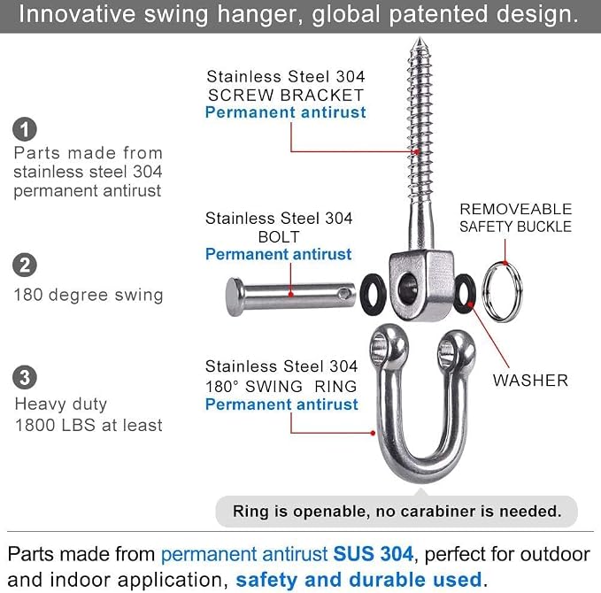 SELEWARE 4 Pack Swing Hangers Swing Set Hooks Stainless Steel Hammock Hooks for Porch Swing, Hammock Chair, Heavy Bag, Yoga Silk, Suspension Straps, Gymnastics Rings