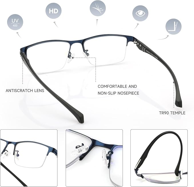 SKYOAK 2 Pack Premium Quality Progressive Multifocus Half Frame Reading Glasses for Men, No-Line Blue Light Blocking Computer Readers Multifocal Eyeglasses with TR90 Temples, Blue and Brown +1.25x