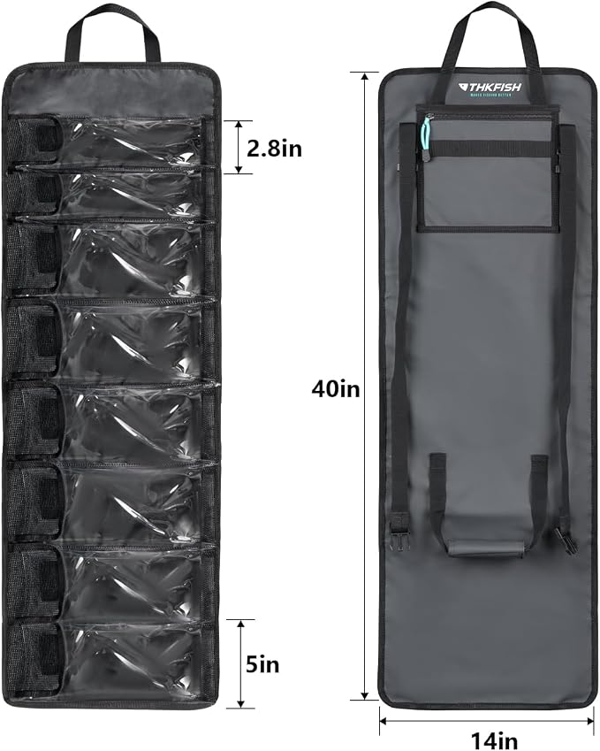 THKFISH Big Bait Bag, Roll-Up Large Trolling Lure Bag for Big Baits with 7 or 8 Heavy Duty PVC Protective Cover Pockets, Mesh Cleaning & Drying Tabs