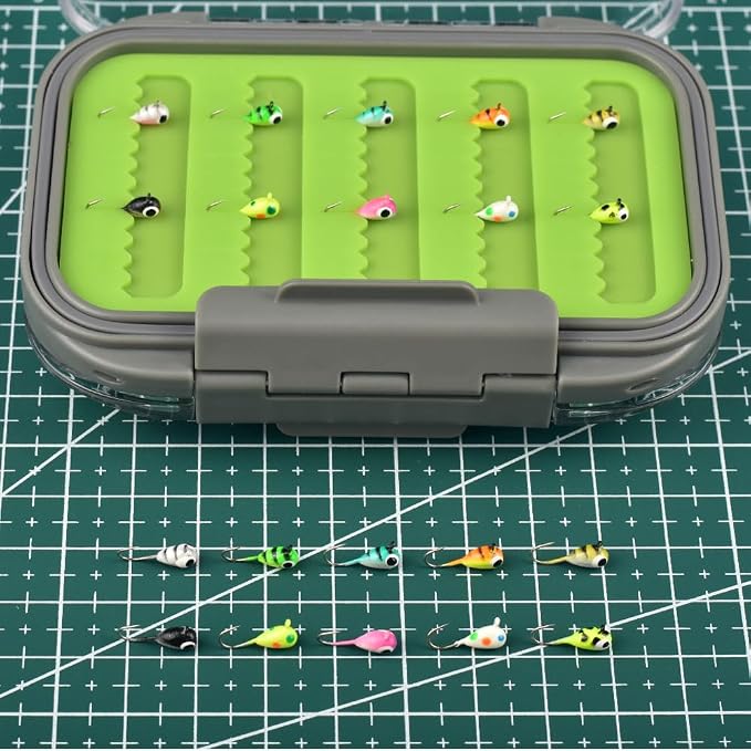 Tungsten Ice Fishing Jigs Kit, 3.2/4/5mm Glow in Dark Tear Drop Ice Fishing Lure Jigs with Waterproof Two-Sided Jig Box Assortment 20/24/30