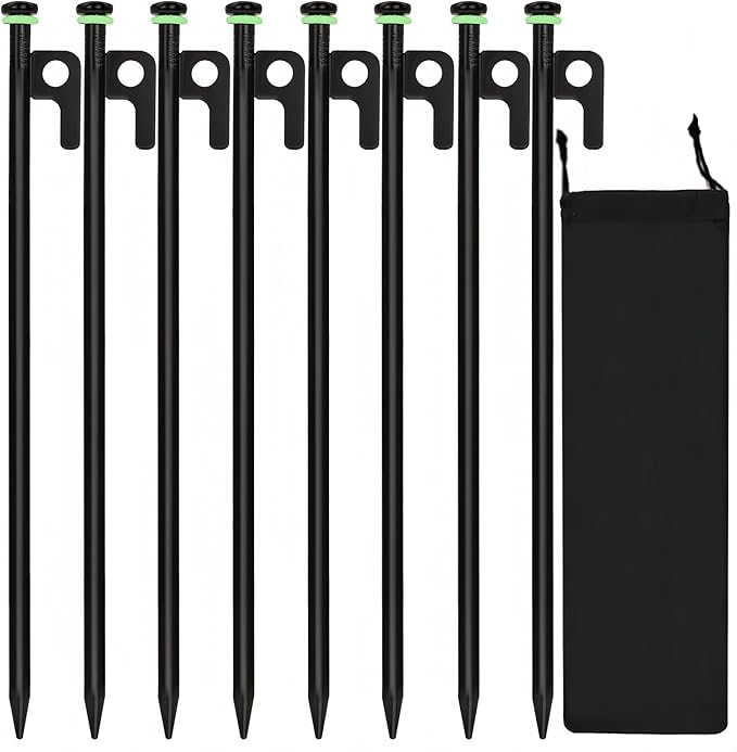 8Pcs Tent Stakes, 16in Heavy Duty Tent Stakes with Storage Pouch, Dia 0.35" Forged Steel Stakes for Tent Used on Rocks, Grassland, Snowfield(8Pcs 16in Stakes)