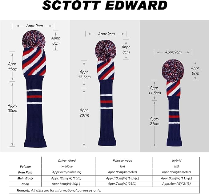 Scott Edward Golf Club Head Covers Set of 4, Acrylic Yarn Double-Layers Knitted, with Rotatable Number Tags