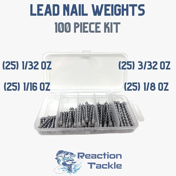 Reaction Tackle Nail Weights for Bass Fishing - Insert Pencil Sinkers for Wacky Rig, Neko Rig and Soft Plastic Lures - Freshwater and Saltwater - 25-Pack
