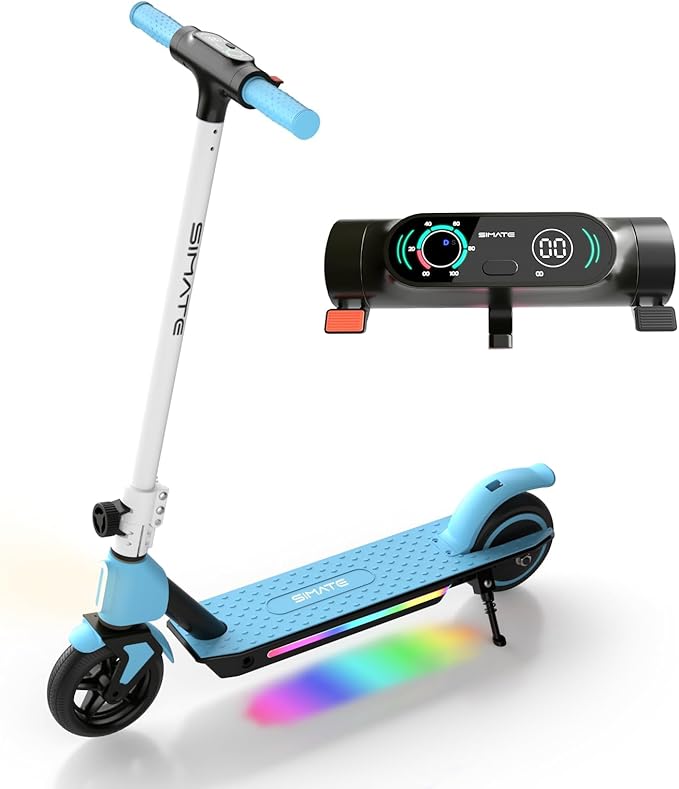 SIMATE Electric Scooter for Kids 6-14, Colorful Lights & Double Brake System, Aluminum Alloy Frame, Foldable, LED Display, for Boys Girls