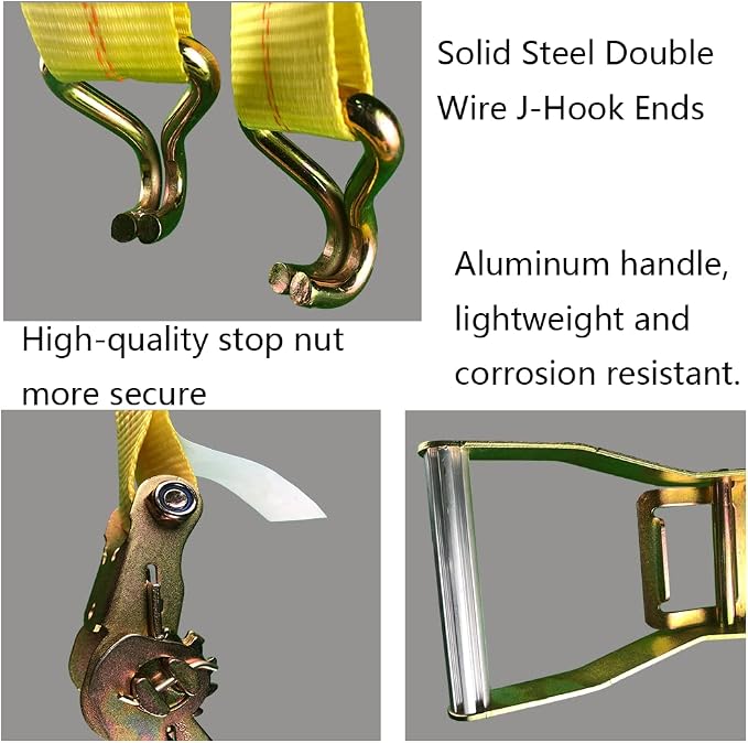 Ratchet Straps - 2" x 17' Heavy Duty Cargo Straps, Load up to 10000Lbs, Double J Hooks for Trucks, Moving Appliances, Lawn Equipment, Motorcycles - Yellow