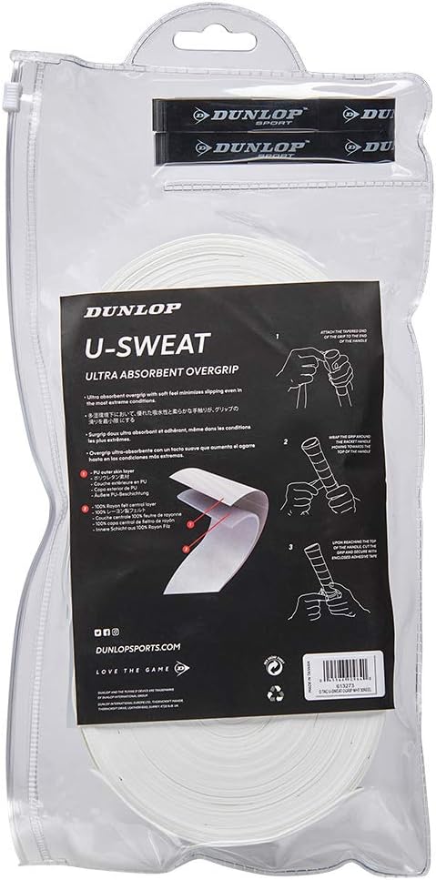 Dunlop Sports U-Sweat Tennis/Squash/Badminton/Padel OVERGRIP (3-Pack, 12-Pack, 30-Pack Roll) (Black & White Colors) (Super Absorbent, Moisture Wicking Construction, Comfortable, Cushioned Surface)