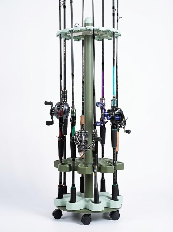 360° Rotating 16-Rod Fishing Rod Holder Rack with Wheels, Rolling Storage Stand for Rods & Combos, Space-Saving Organizer, Durable ABS Frame with Protective Rubber Pads