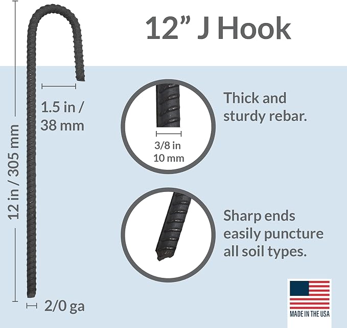 Pinnacle Mercantile 16 Pack Rebar Stakes J Hook Heavy Duty Steel Ground Anchors 12 inch Chisel Point End Made USA