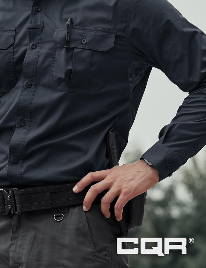 CQR Men's Long Sleeve Tactical Shirts, Ripstop Military Work Shirts, UPF 50+ Breathable Button Down Outdoor Hiking Shirt