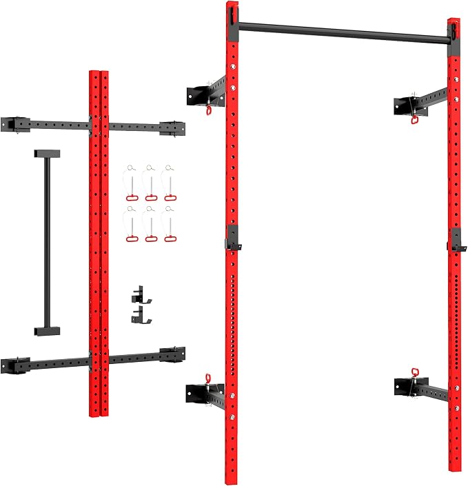 Soozier Folding Squat Rack with Adjustable Pull-Up Bar, 1000 Pounds Capacity Wall Mounted Power Rack, Adjustable Steel Barbell Rack with J Hooks for Home Gym Full Body Workout
