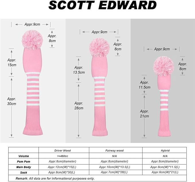 Scott Edward Knit Golf Club Cover with a Pom Set of 5 Head Covers Protect Driver Wood(460cc) 1 Fairway Wood2 and Hybrid/UT2 with Rotating Club Number Tags