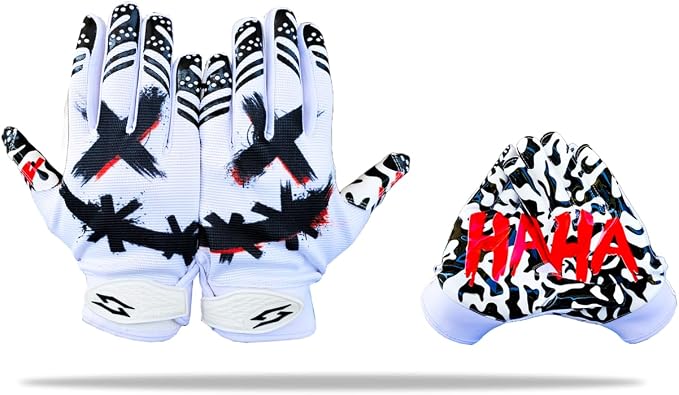 Jester Football Receiver Gloves White – HA HA X Eyes Tacky Pro Grip Palms Battle College Lineman Men Adult Youth Kids Small to XXL Sizes Unleash Your Joker Venom
