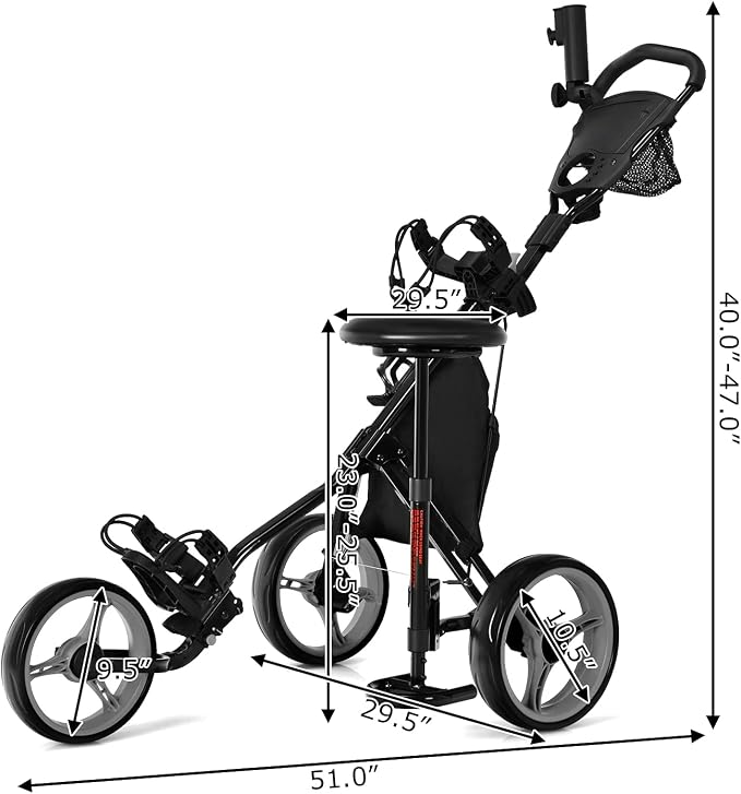 GYMAX Foldable 3-Wheel Height Adjustable Lightweight Golf Caddy Cart with Umbrella Holder, Hydraulic Seat, Storage Bag & Cup Holder