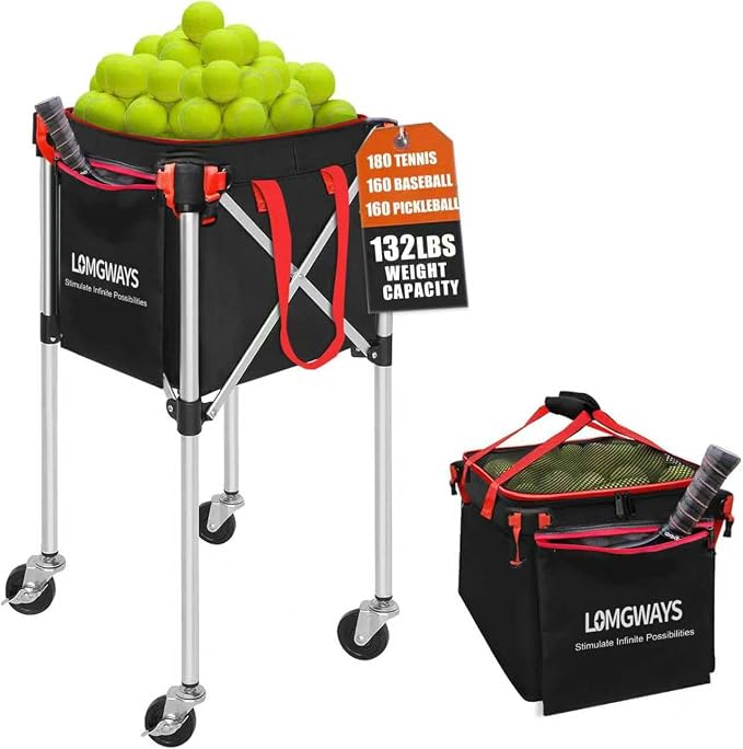Pickleball Tennis Hopper–Foldable Cart Holds 180 Tennis/160 Pickleballs | Large Capacity |Lightweight with Wheels | Removable Bag| Side Pocket | Multi-Sport Use