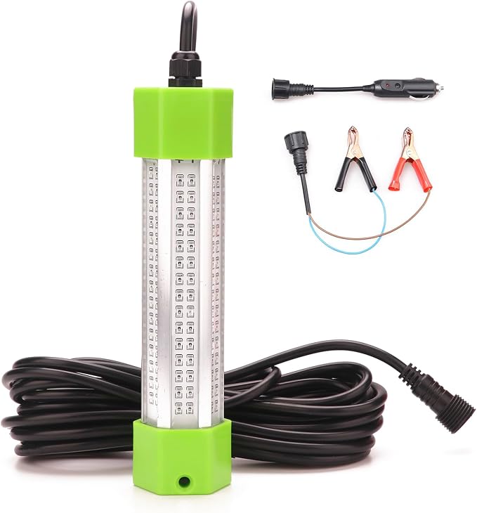 100W DC 12V IP68 Waterproof Aluminum High Power Glowing Boat Fish Attractants Lure Green Submersible Fishing Lights LED Underwater for At Night Snook Crappie with Battery Clips Cigarette Charger Plug