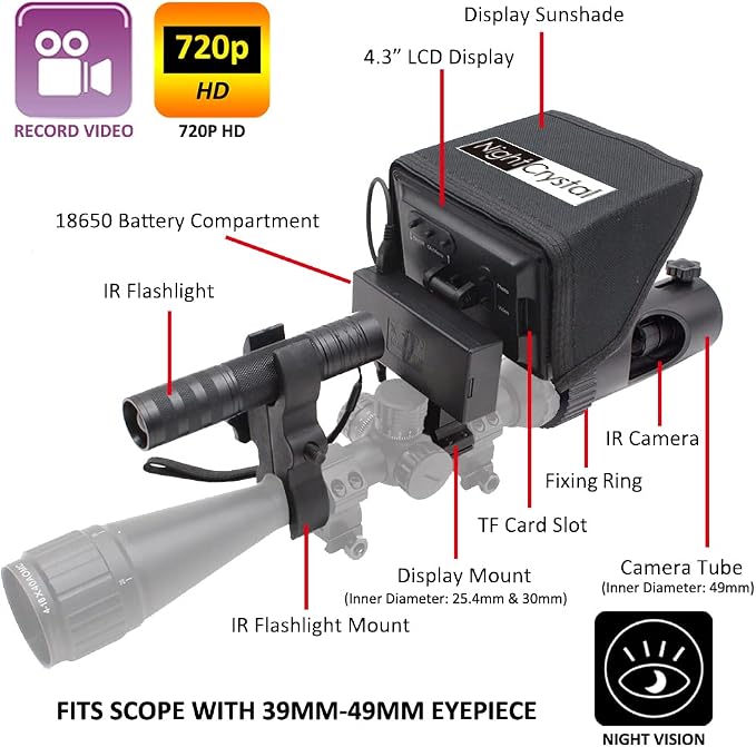 DIY 720p Digital Video Recording Hunting Night Vision Rifle Scope Monocular Camera VCR with LCD Display, 850nm Infrared IR Flashlight for Tactical Hunting (MicroSD Card & Battery NOT Included)