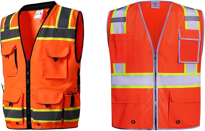 SKSAFETY 10/12 Pockets Safety Vest - Class 2 High Visibility Security with Zipper Double-sided mesh, Hi Vis Vest with Reflective Strips, ANSI/ISEA Standard, Construction Work Vest （Orange）