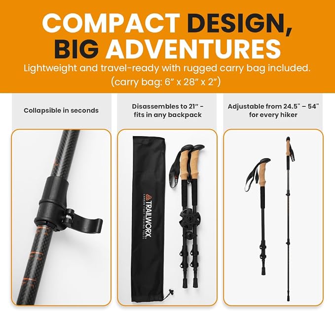 3K Carbon Fiber Trekking Poles, Collapsible Set of 2 Lightweight Adjustable Hiking Poles 24.5"-54" with Cork Grip, Tungsten Carbide Tips, Black, Includes Carry Bag, Snow & Mud Baskets