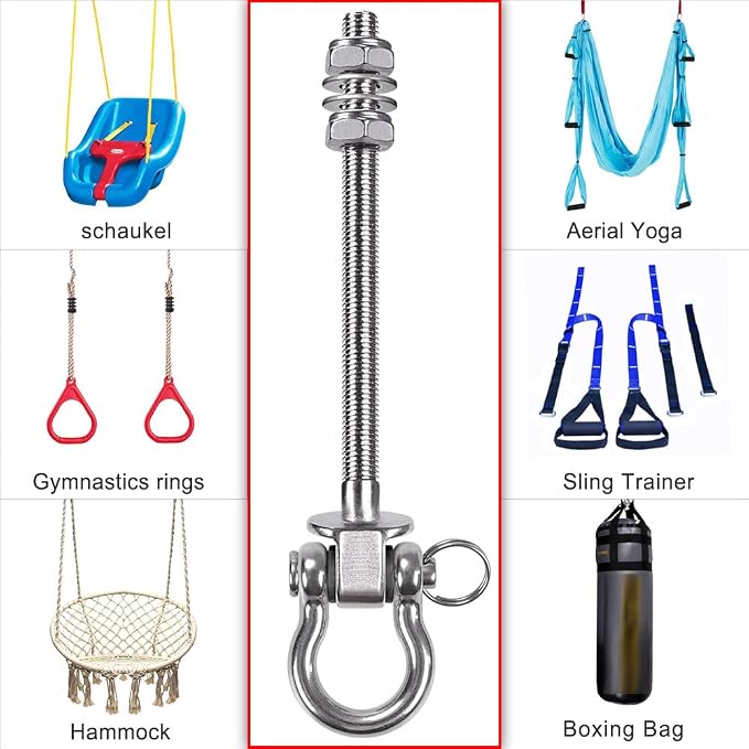 SELEWARE 6 Pack Swing Hanger, 9.25" x M10 Swing Bolts, Stainless Steel Heavy Duty Swing Hooks for Wood and Steel Beam Yoga Hammock Chair Punching Bag Porch Swing Sets, 1800LB Capacity